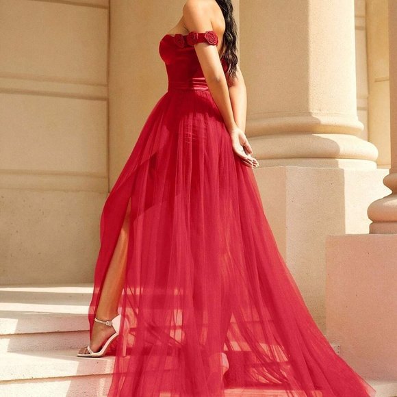 Red Preppy Womens Off Shoulder Split Thigh Mesh Overlay Formal Dress - Picture 2 of 5
